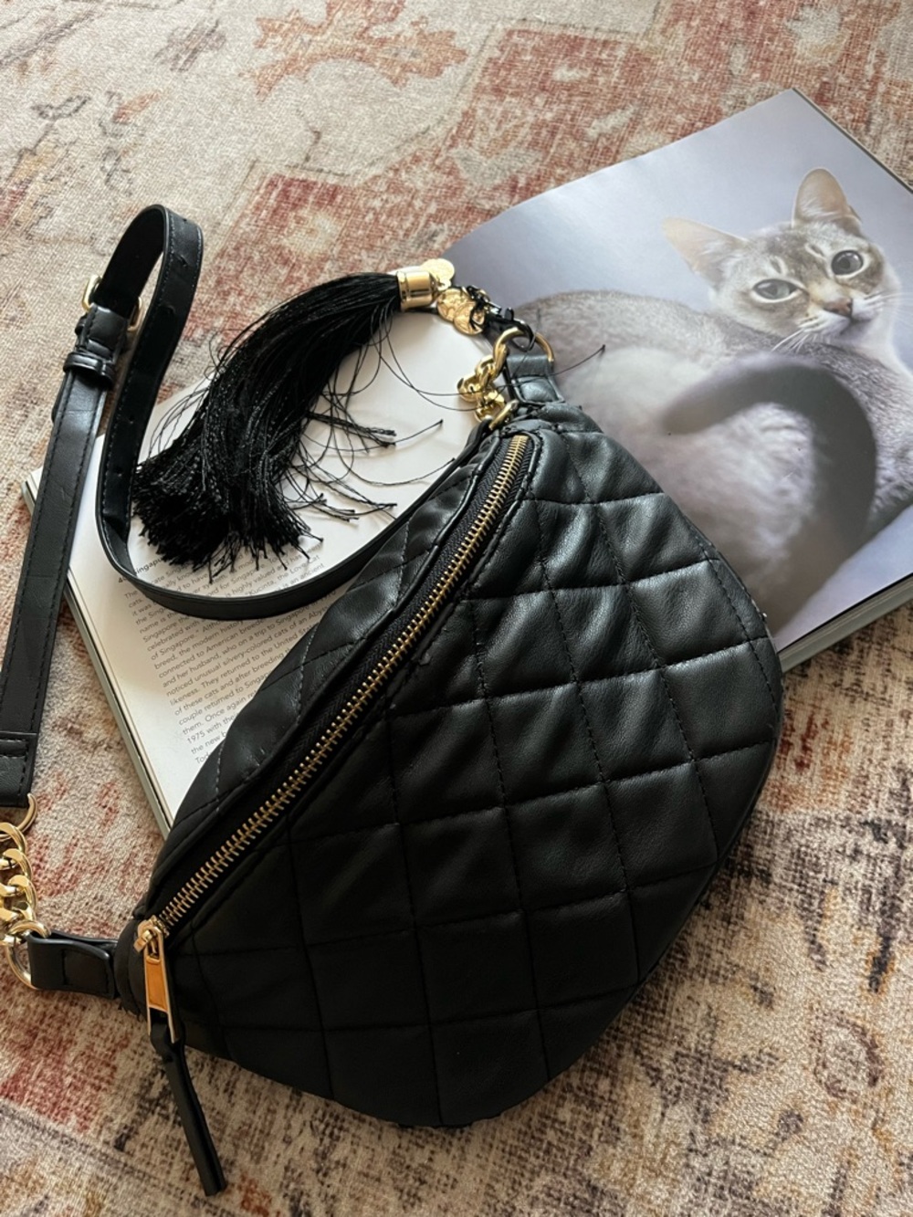 Aldo Black Quilted Leather Crossbody Belt Bag with Gold Hardware